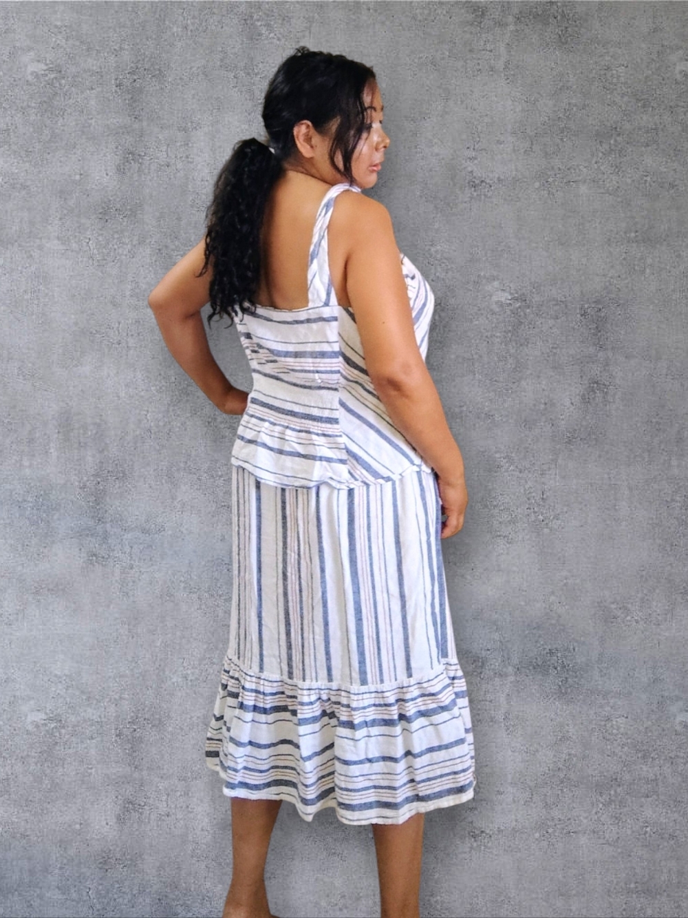 Reitmans Blue and White Striped Midi Dress with Ruffle Hem - Picture 1 of 6